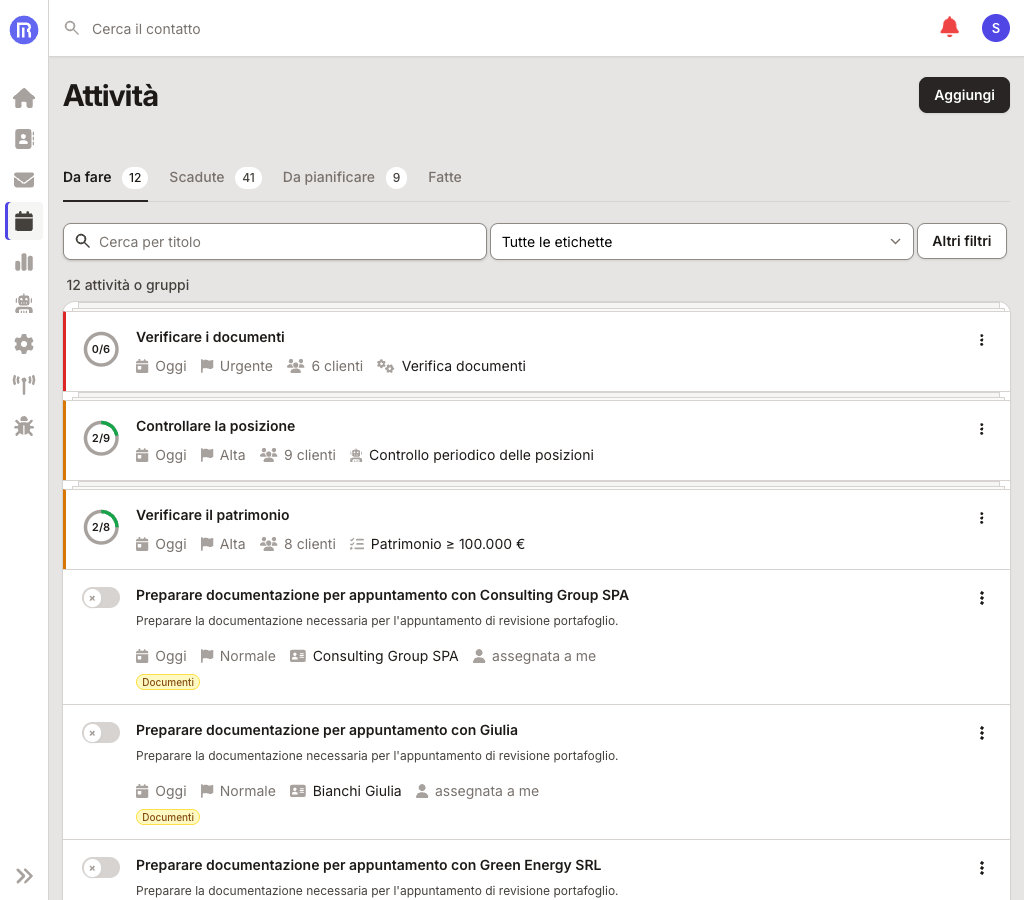 Lista Attività con tre gruppi, anelli di avanzamento e collegamenti alle rispettive sorgenti