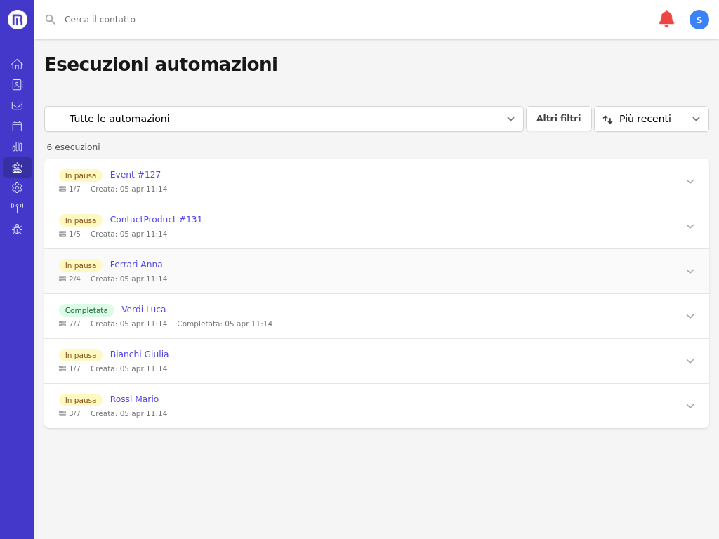 Lista delle esecuzioni con filtri