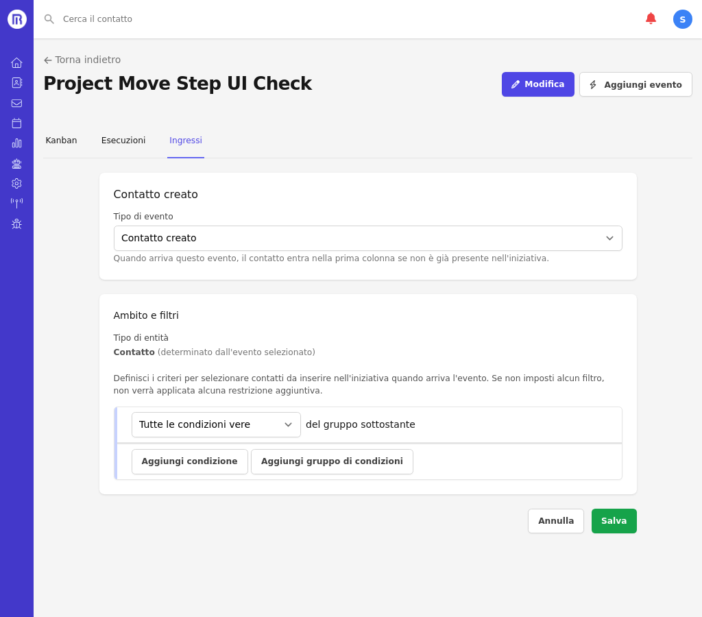 Configurazione di un evento automatico nel tab ingressi dell'iniziativa