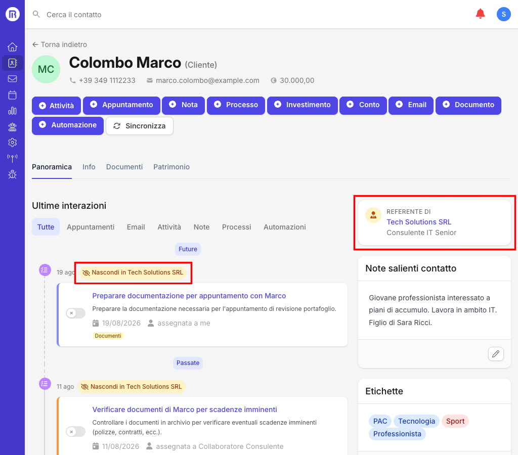 Panoramica del referente con azienda rappresentata e controllo delle interazioni