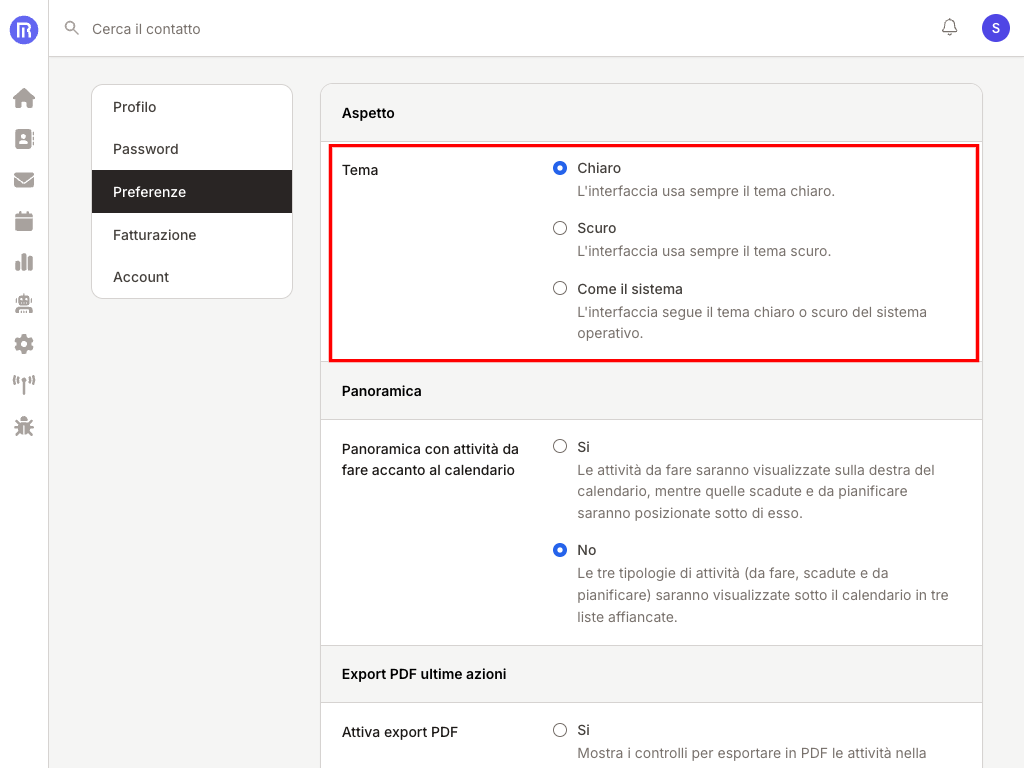 Preferenze utente con la scelta del tema: Chiaro, Scuro o Come il sistema