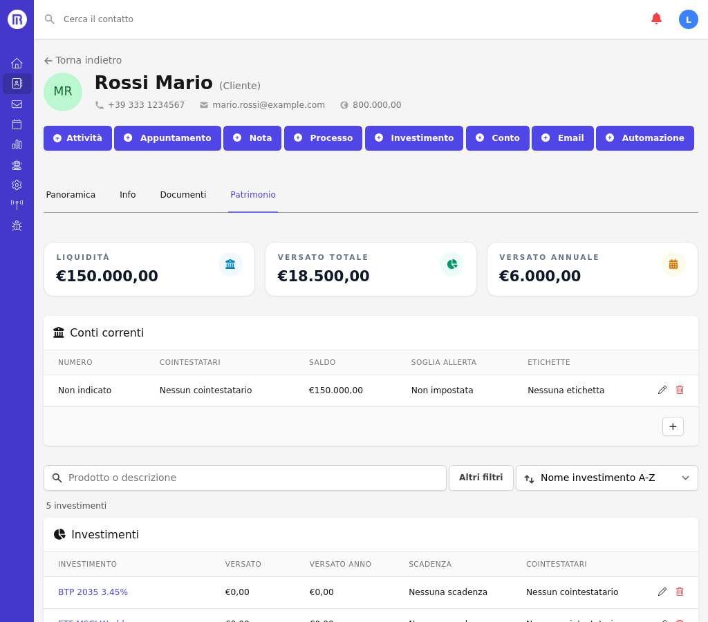 La nuova sezione Patrimonio nella scheda contatto
