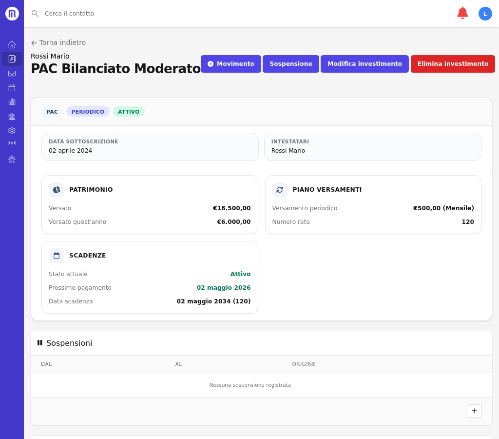 Dettaglio investimento con riepilogo e sospensioni