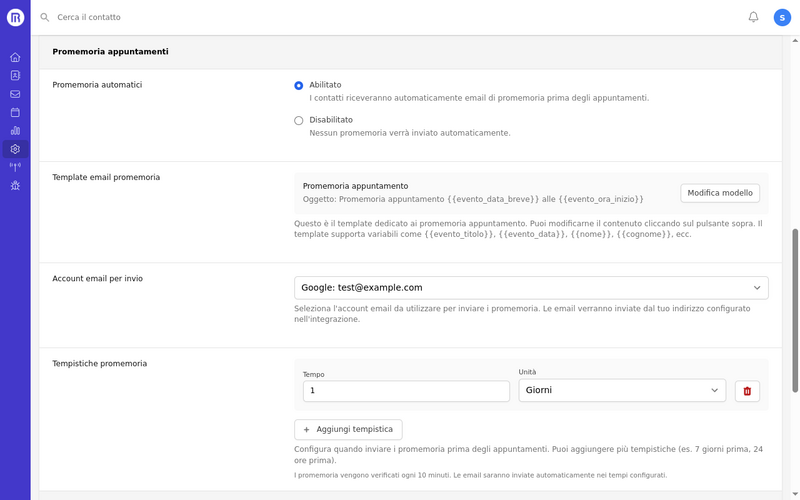 Impostazioni promemoria appuntamenti
