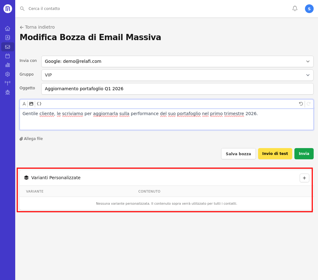 Email massiva con sezione Varianti Personalizzate e pulsante +
