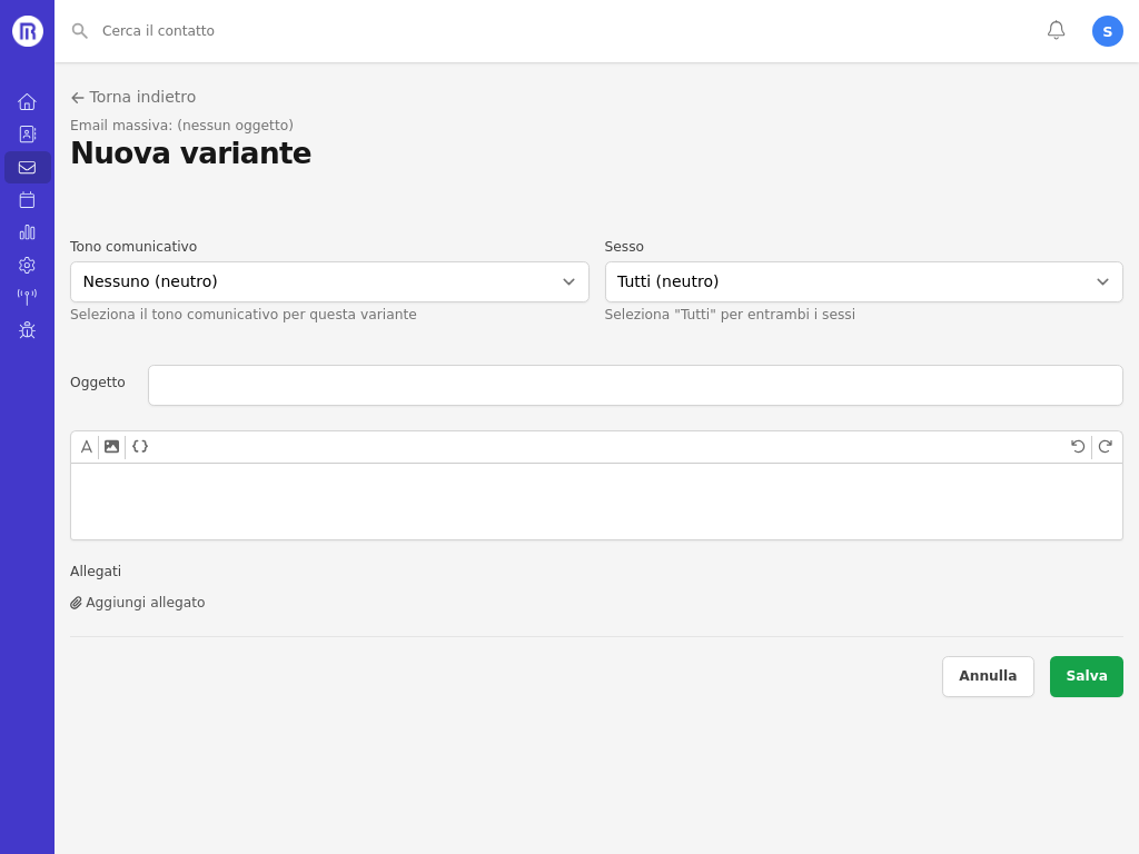 Form di creazione variante con selettori tono e sesso