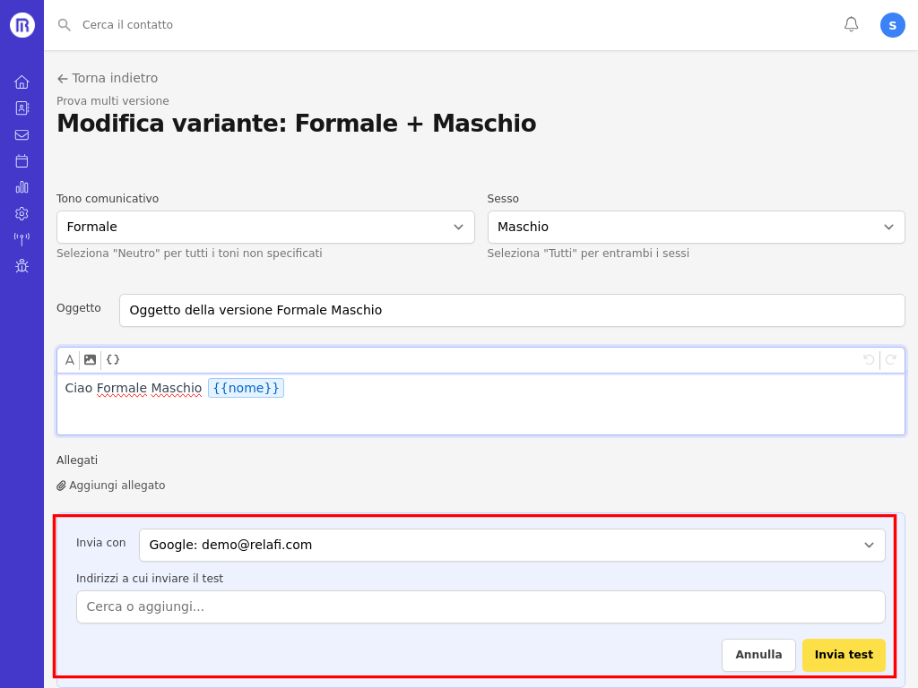 Pannello invio di test dalla modifica variante