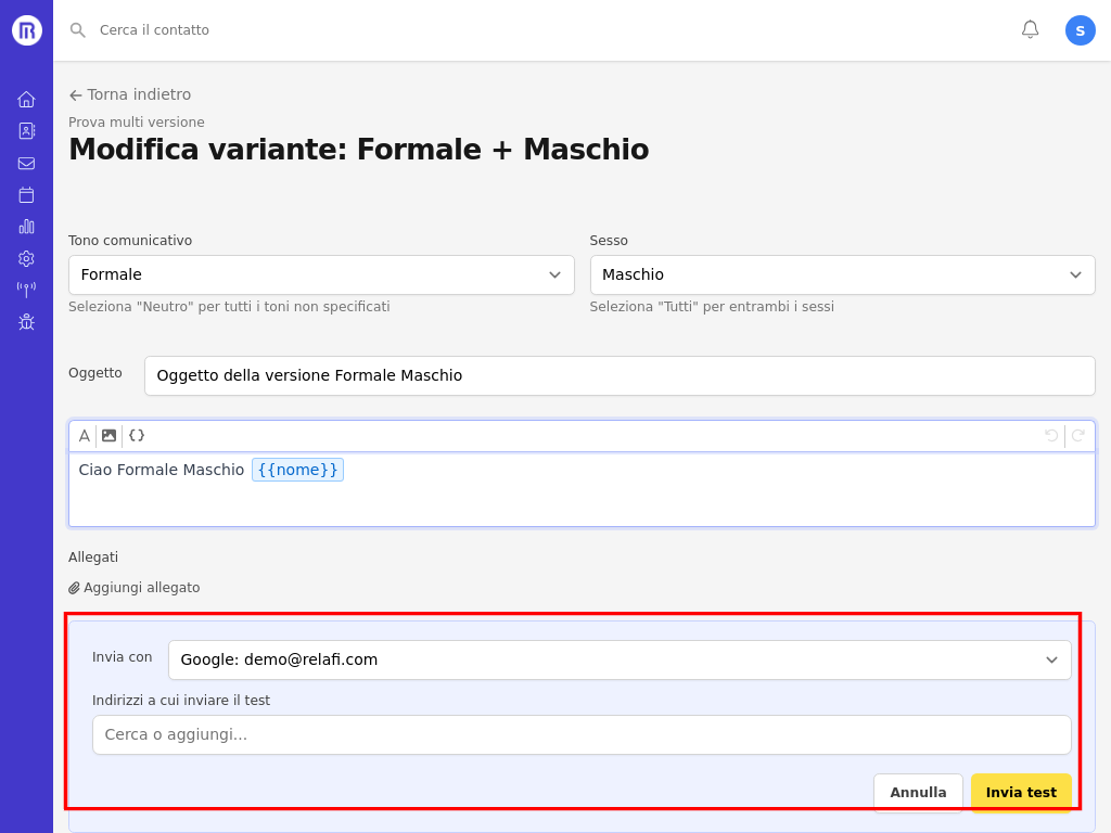 Pannello invio email di test dalla modifica variante