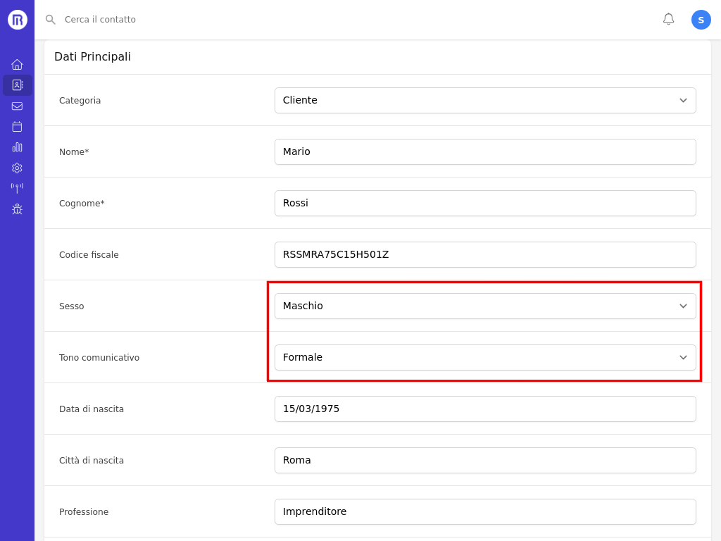 Campi Sesso e Tono comunicativo nella scheda contatto